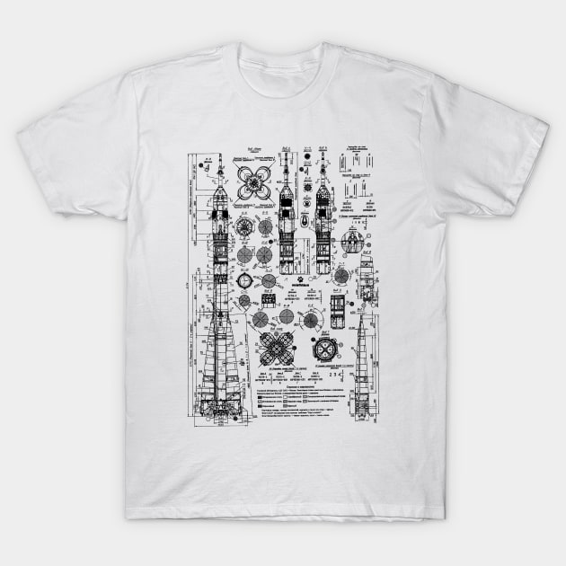 Soyez Rocket Blueprint Black T-Shirt by Auto-Prints